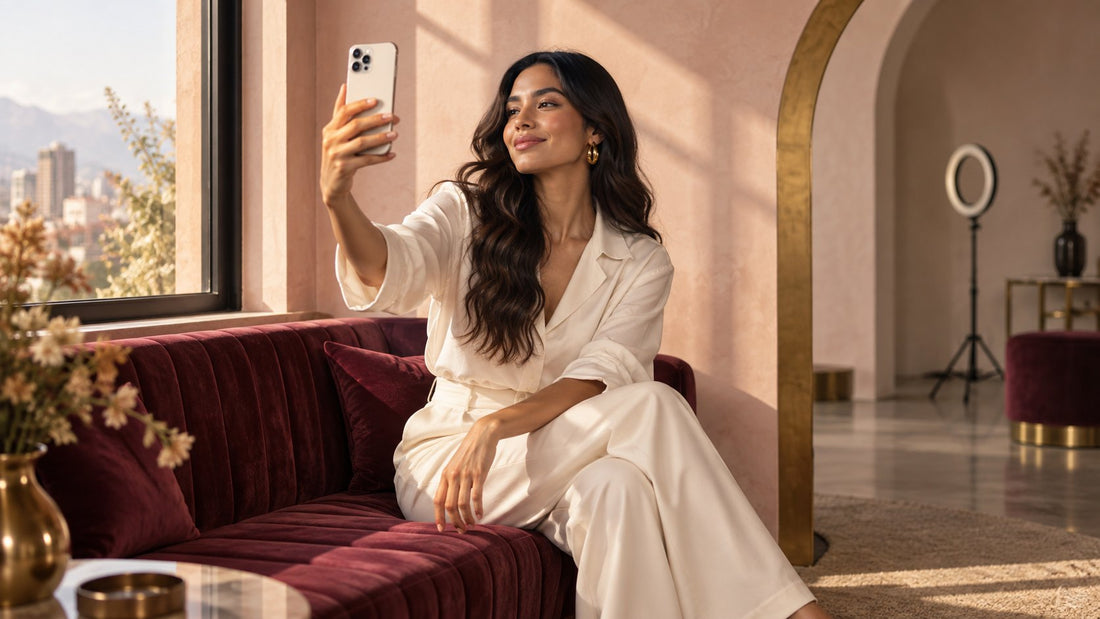 Creadora de contenido grabando con su teléfono en un salón blush con sofá de terciopelo vino y arco dorado