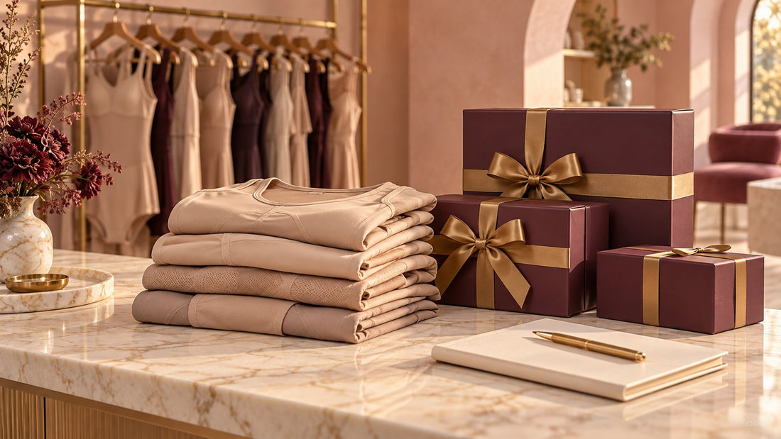 Mostrador de boutique con prendas moldeadoras dobladas y cajas ciruela con cinta dorada