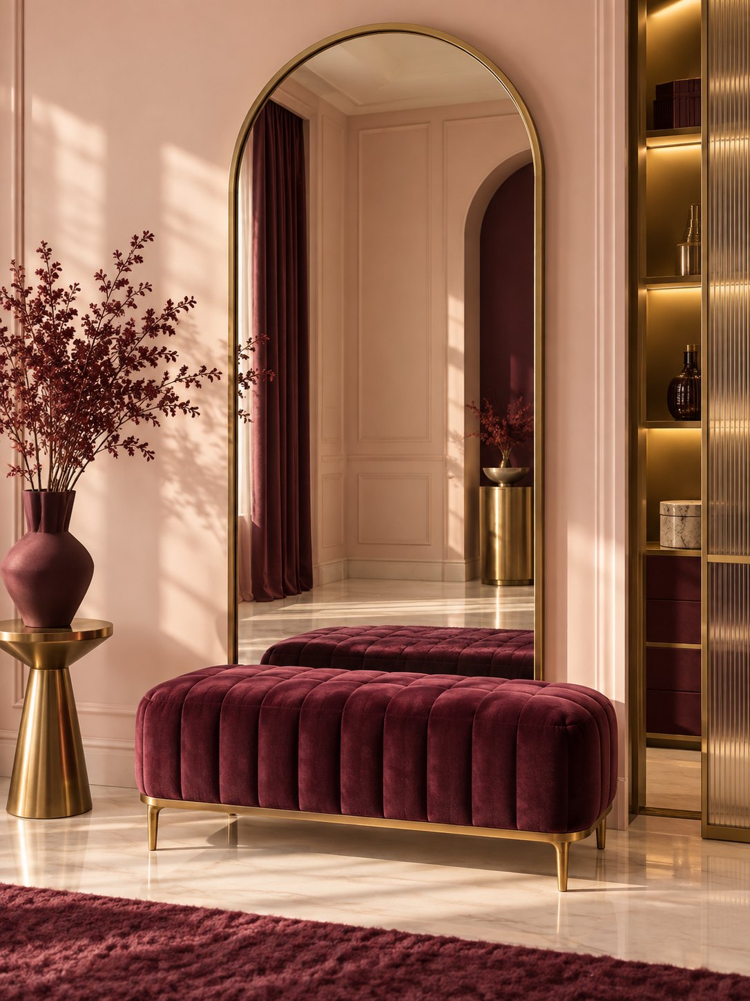 Vestidor Eclipse: pared blush, espejo de arco dorado, banco de terciopelo vino y detalles en dorado